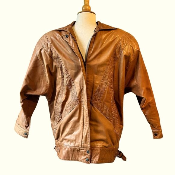 Vintage Gino di Giorgio Brown 1980s Bomber Brown Leather Jacket - Medium